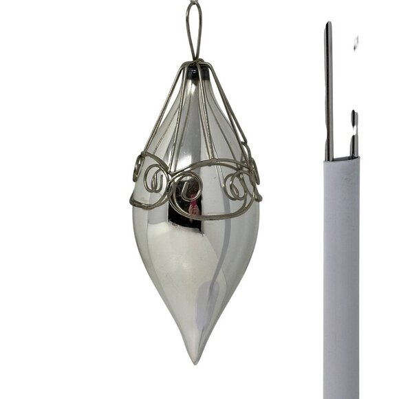 Vintage Silver Blown Glass Teardrop Christmas Ornament Wire Cage Mercury Finish - Picture 11 of 16